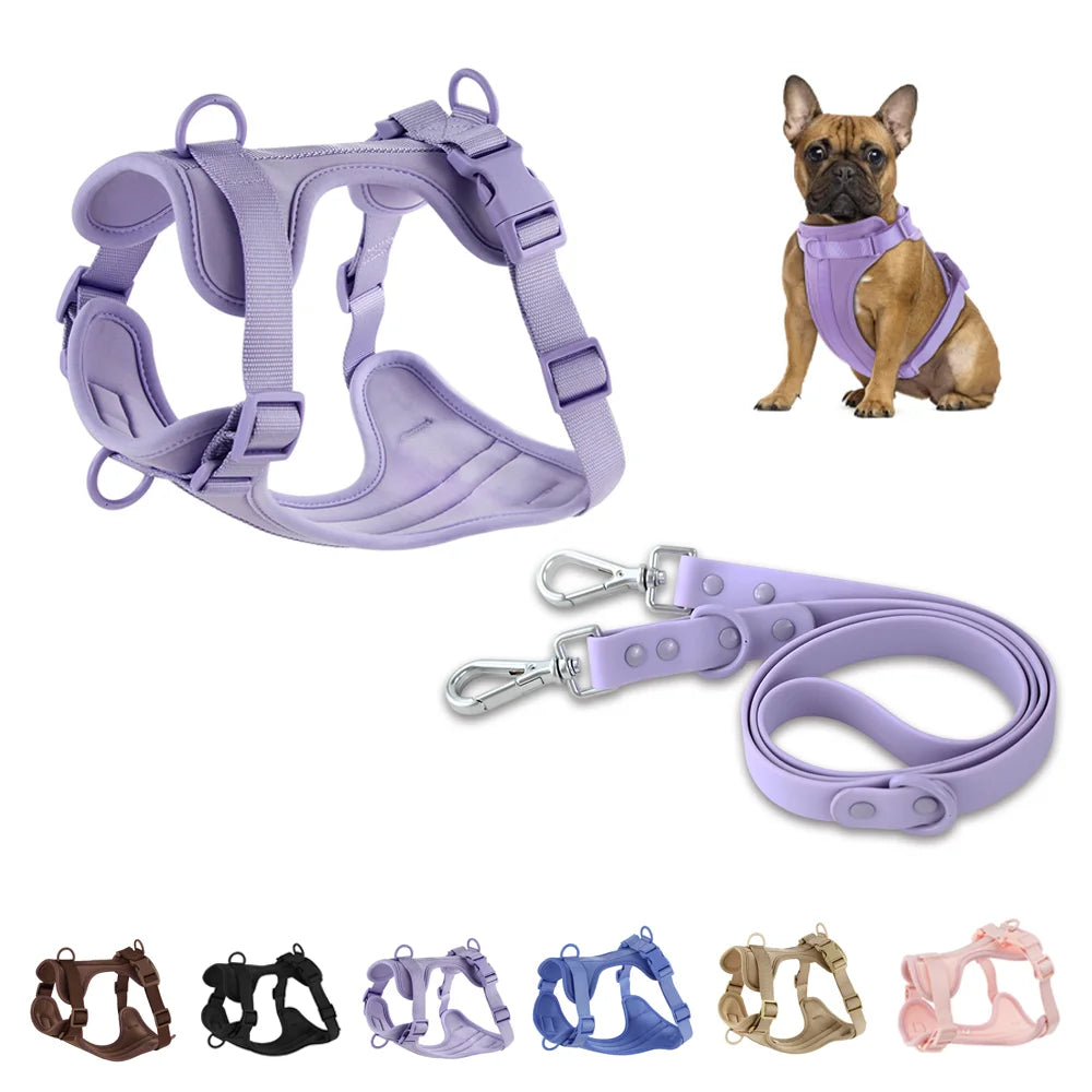 Double Dog Leash Set: PVC Comfortable and Breathable Harness with Adjustable Chest Strap and Collars